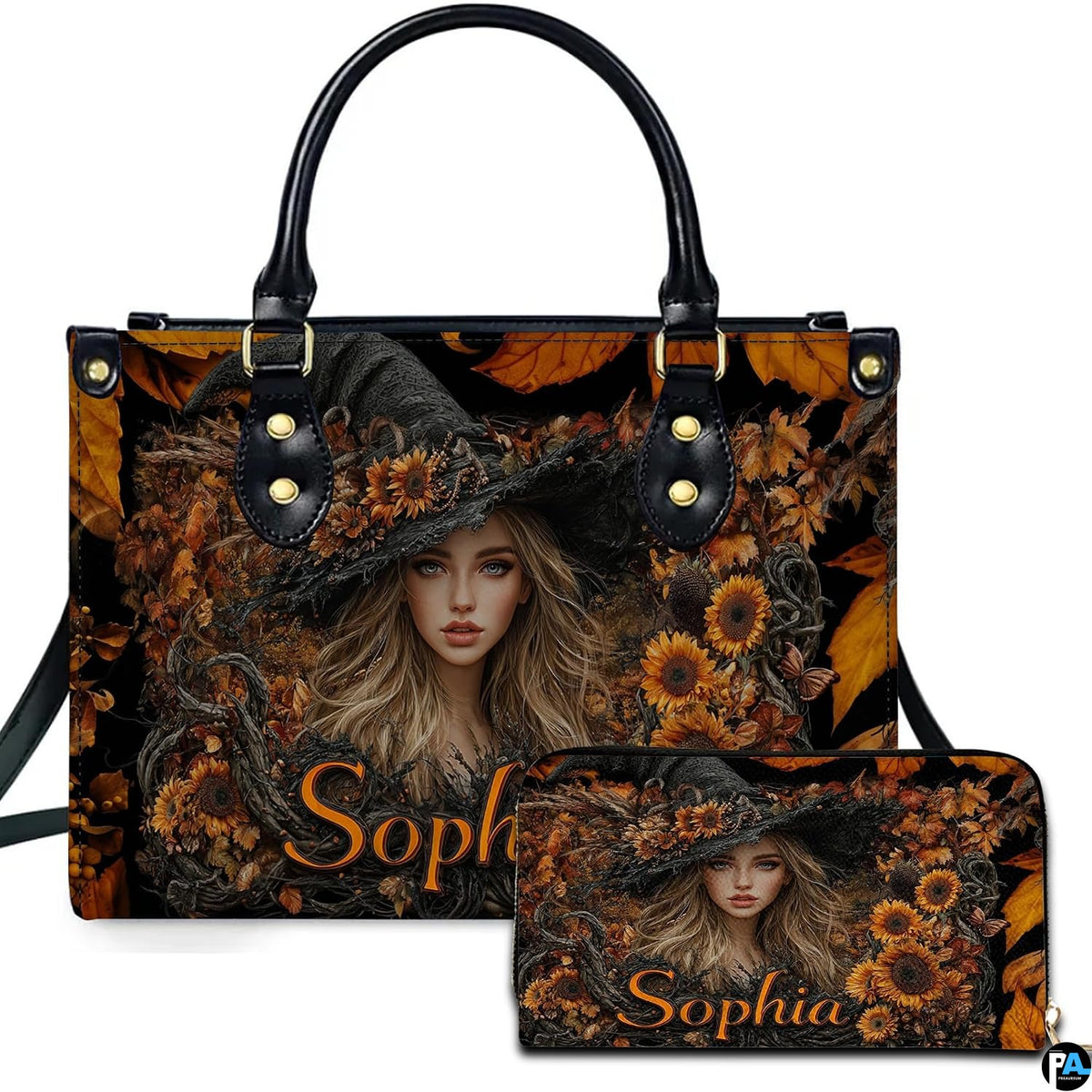 Personalized Halloween Leather Handbag – Custom Witch 3D Printing Effect Purses For Women – Spooky Gothic Shoulder Bag
