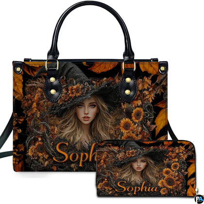 Autumn sunflower witch handbag paired with matching companion wallet.
