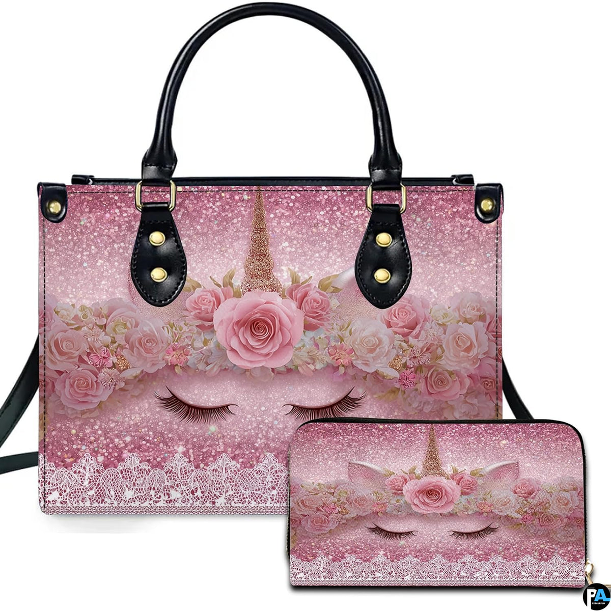 Front view of pastel rose unicorn handbag and matching wallet set on sparkling pink glitter background.