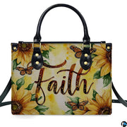 Side profile view of structured golden sunflower monarch butterfly handbag.