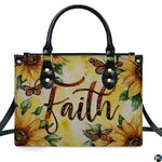 Side profile view of structured golden sunflower monarch butterfly handbag.