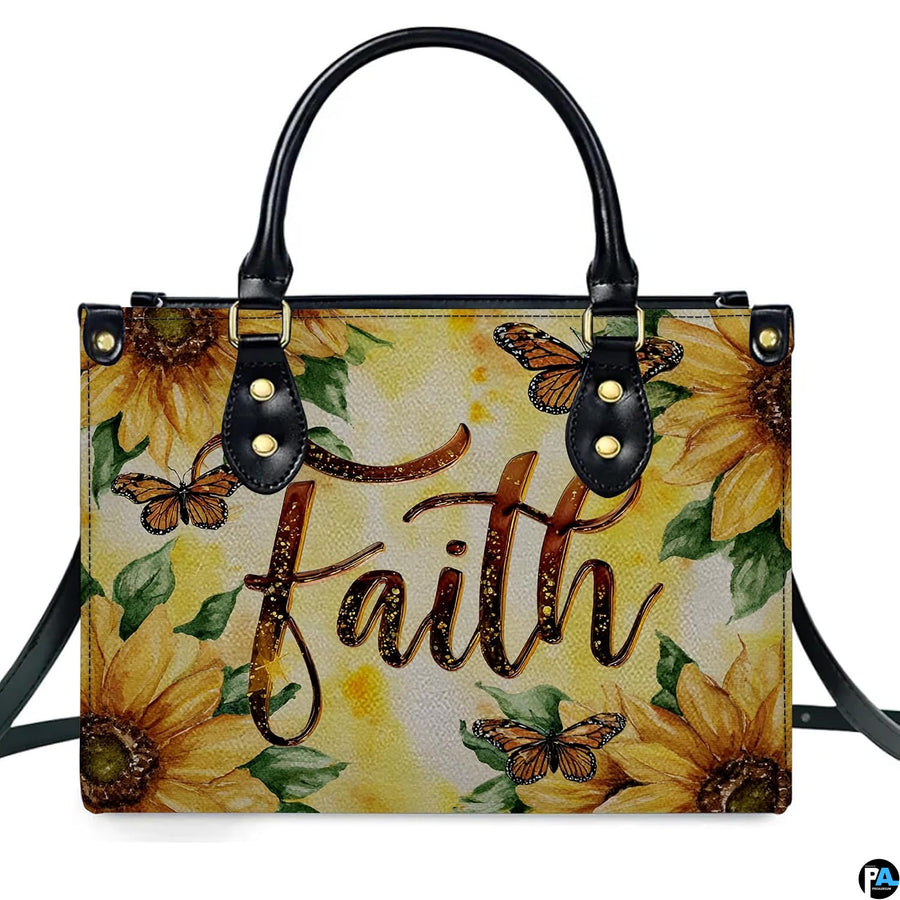Side profile view of structured golden sunflower monarch butterfly handbag.