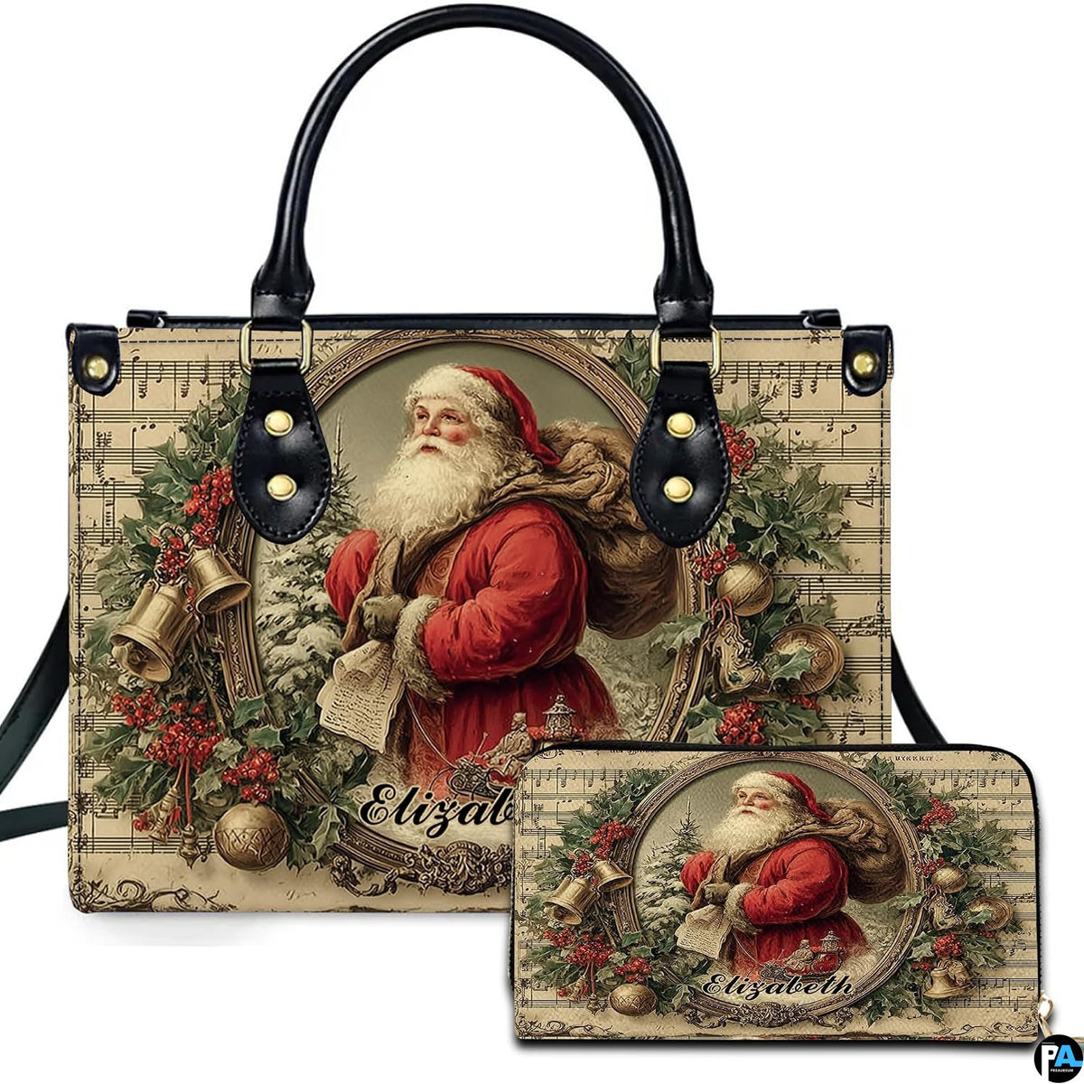 Front view of holiday handbag featuring Victorian Santa Claus portrait and antique sheet music