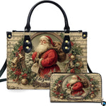 Front view of holiday handbag featuring Victorian Santa Claus portrait and antique sheet music