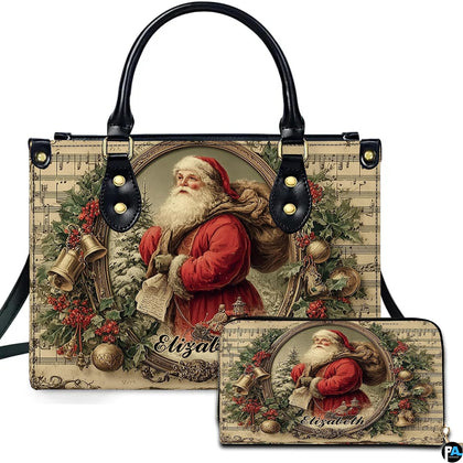 Front view of holiday handbag featuring Victorian Santa Claus portrait and antique sheet music
