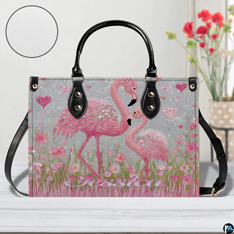 Interior lining and compartments of the pink flamingo handbag.