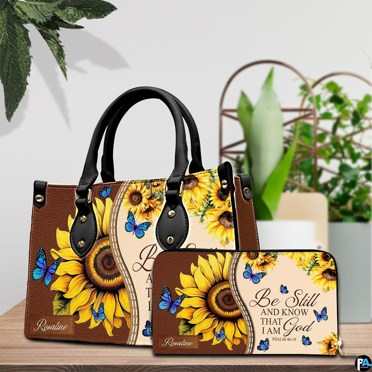 Detailed view of radiant sunflower petals and fluttering cerulean blue butterflies on handbag.