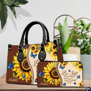 Detailed view of radiant sunflower petals and fluttering cerulean blue butterflies on handbag.