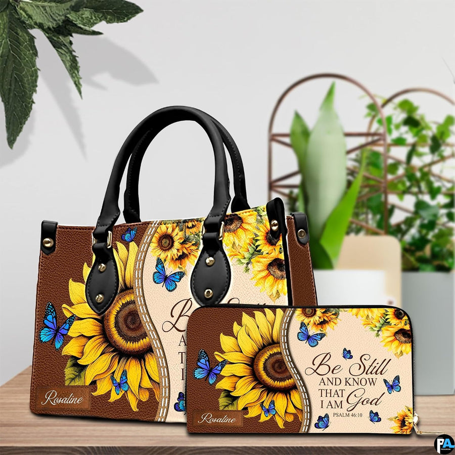 Detailed view of radiant sunflower petals and fluttering cerulean blue butterflies on handbag.