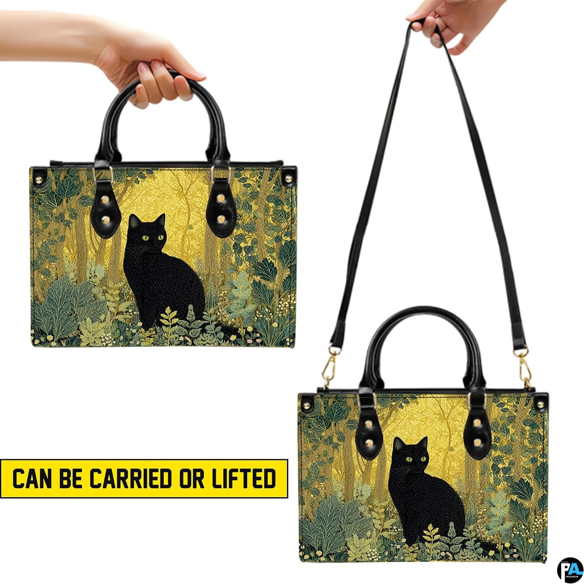 Visual presentation illustrating dual elevated holding methods for the botanical cat artwork.