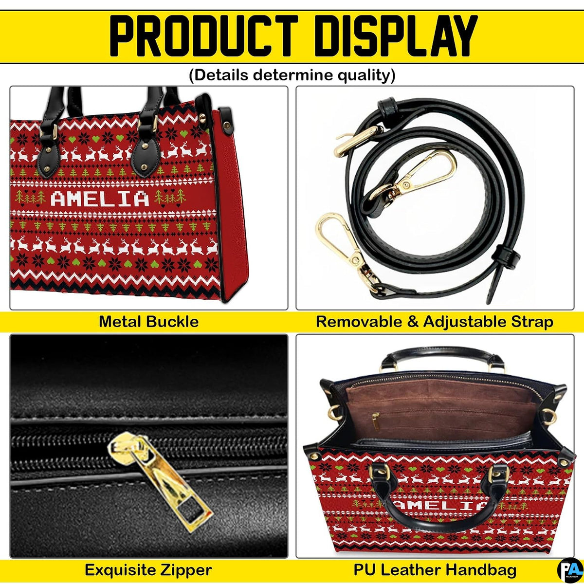 Infographic displaying hardware fixtures, carrying straps, and zipper detailing of Christmas handbag.
