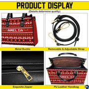 Infographic displaying hardware fixtures, carrying straps, and zipper detailing of Christmas handbag.