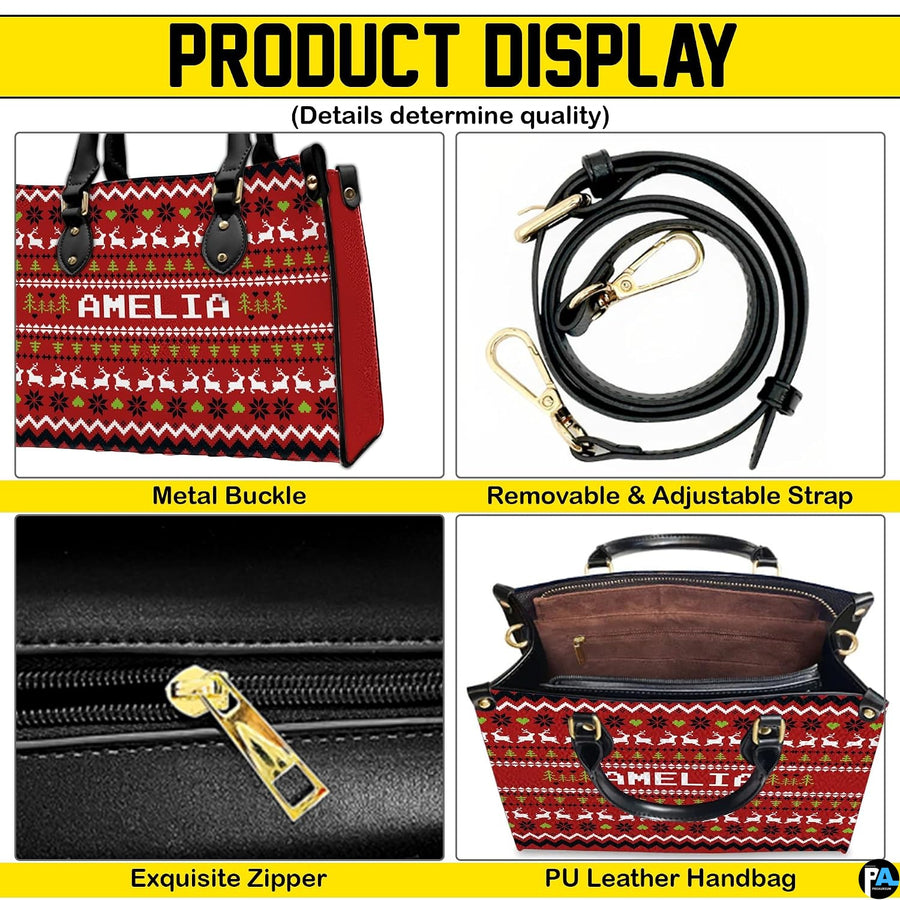 Infographic displaying hardware fixtures, carrying straps, and zipper detailing of Christmas handbag.