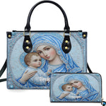 Jeweled mosaic Madonna and Child handbag and matching wallet set in sky blue