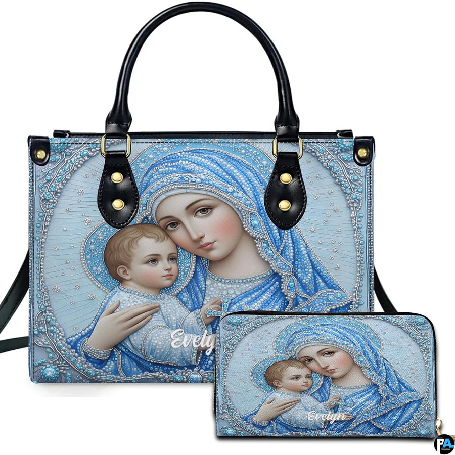 Jeweled mosaic Madonna and Child handbag and matching wallet set in sky blue