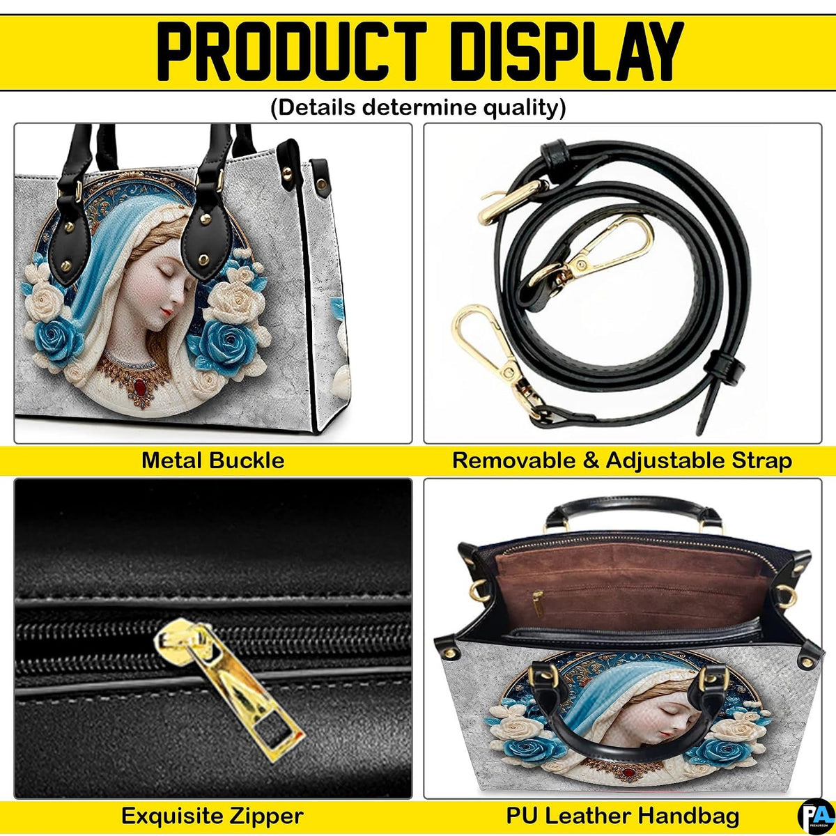 Product display showing zipper, buckle hardware, interior lining, and strap of handbag