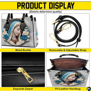 Product display showing zipper, buckle hardware, interior lining, and strap of handbag