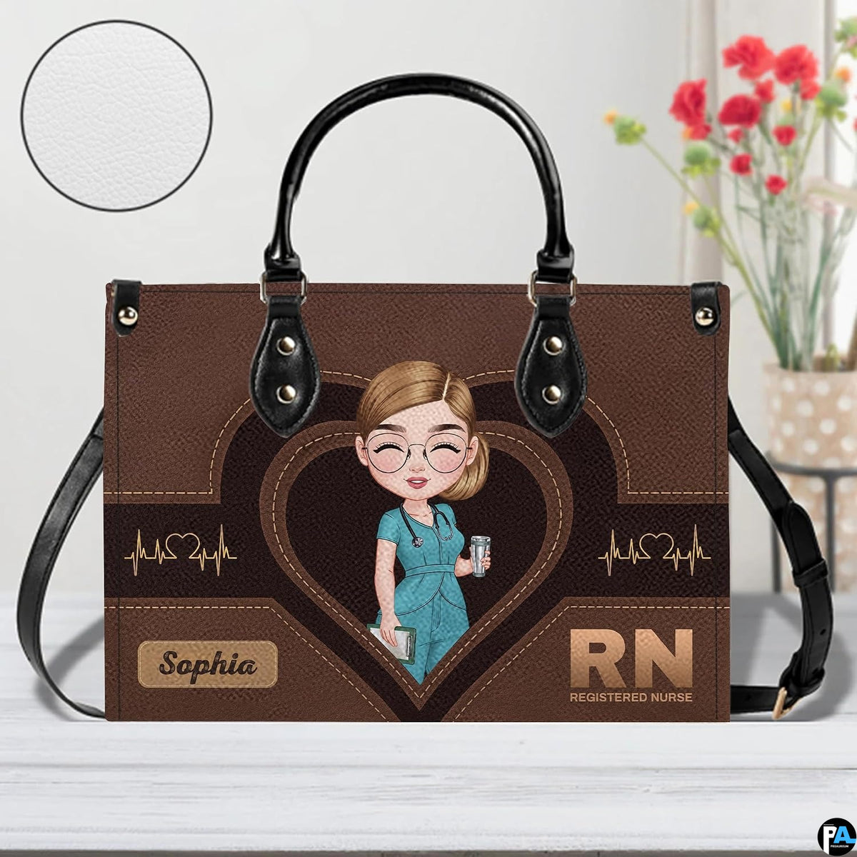 Matching wallet displaying cartoon nurse artwork and medical emblem