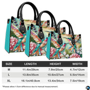 Detailed view of mosaic floral petals and delicate botanical leaves across handbag.