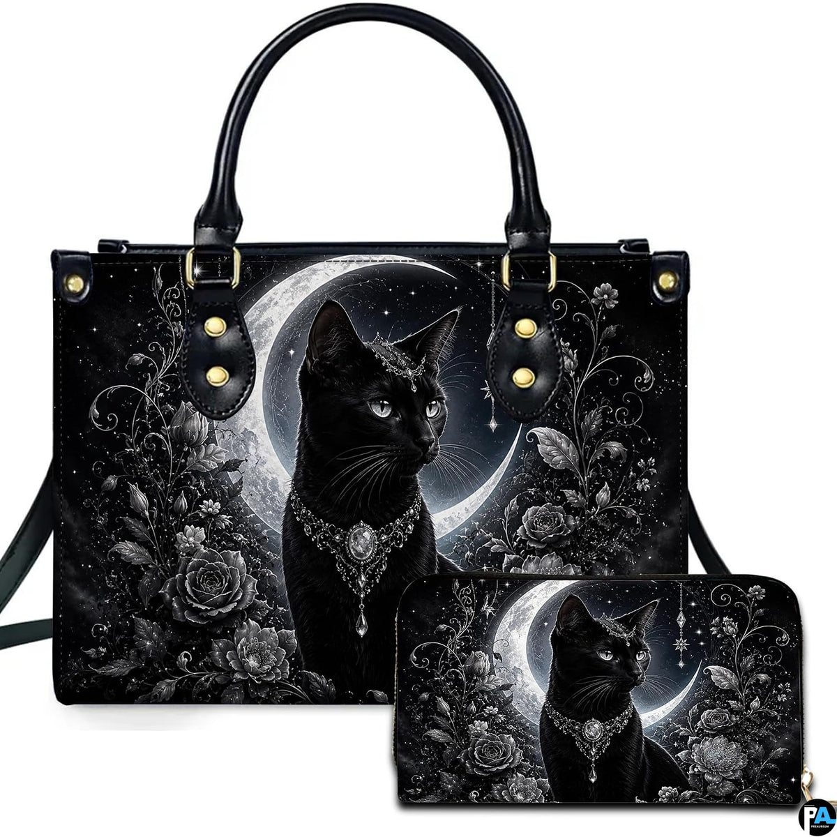 Studio view showcasing crowned black cat artwork alongside matching companion accessory on plain white surface.