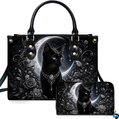 Studio view showcasing crowned black cat artwork alongside matching companion accessory on plain white surface.