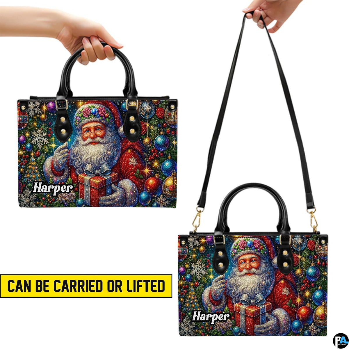 Demonstration of top-handle carrying and shoulder strap wear for holiday handbag.