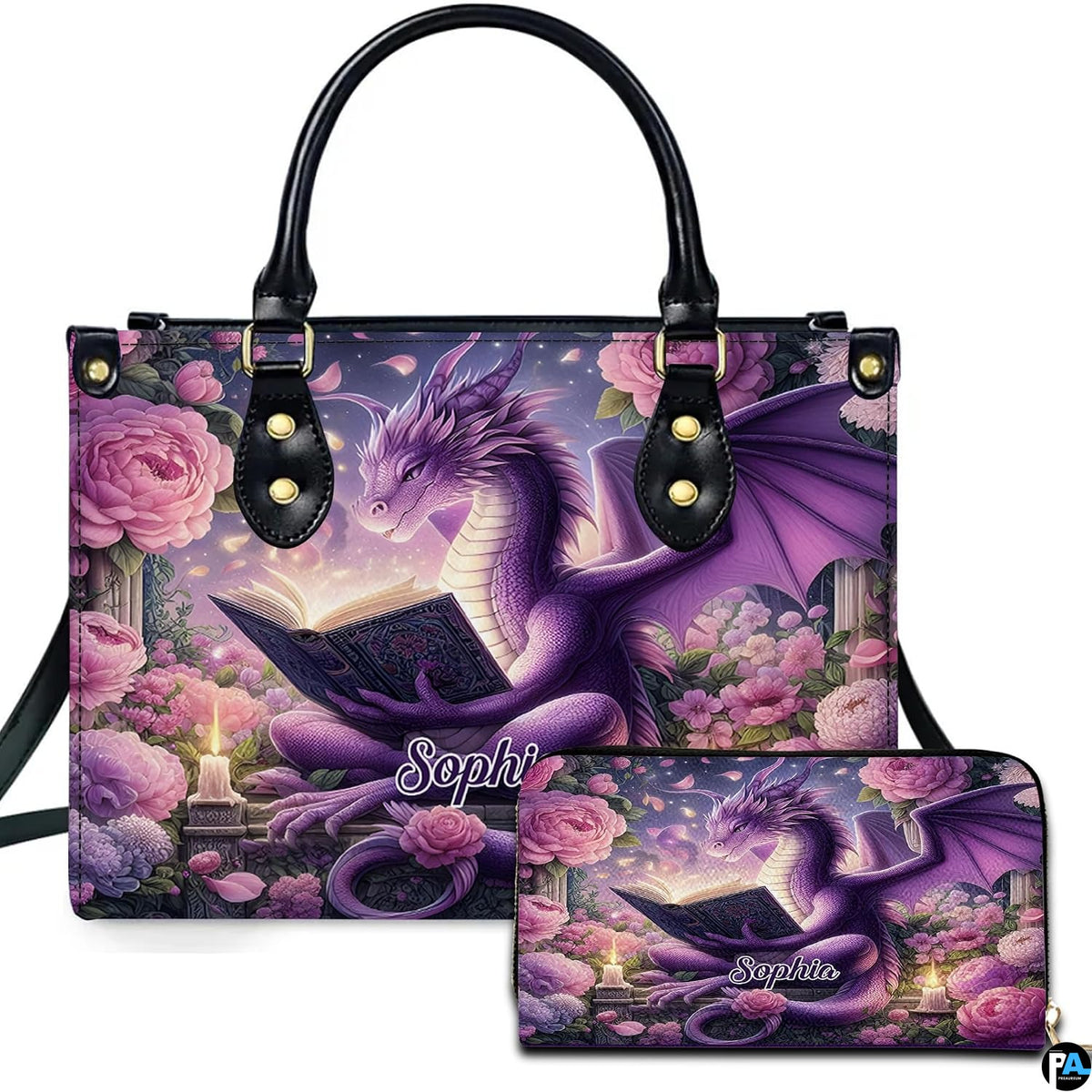Studio front view of handbag and wallet set displaying purple dragon reading among pink peonies.