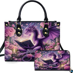 Studio front view of handbag and wallet set displaying purple dragon reading among pink peonies.