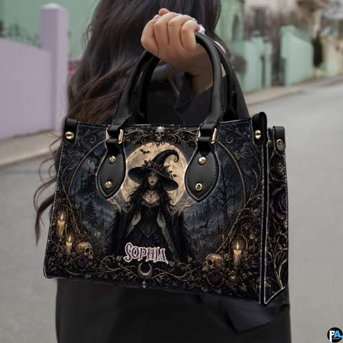 Personalized Witch Handbag with Purse, Custom Name Gothic Leather Bag Set for Women, Halloween Shoulder Bag, Witch Gift