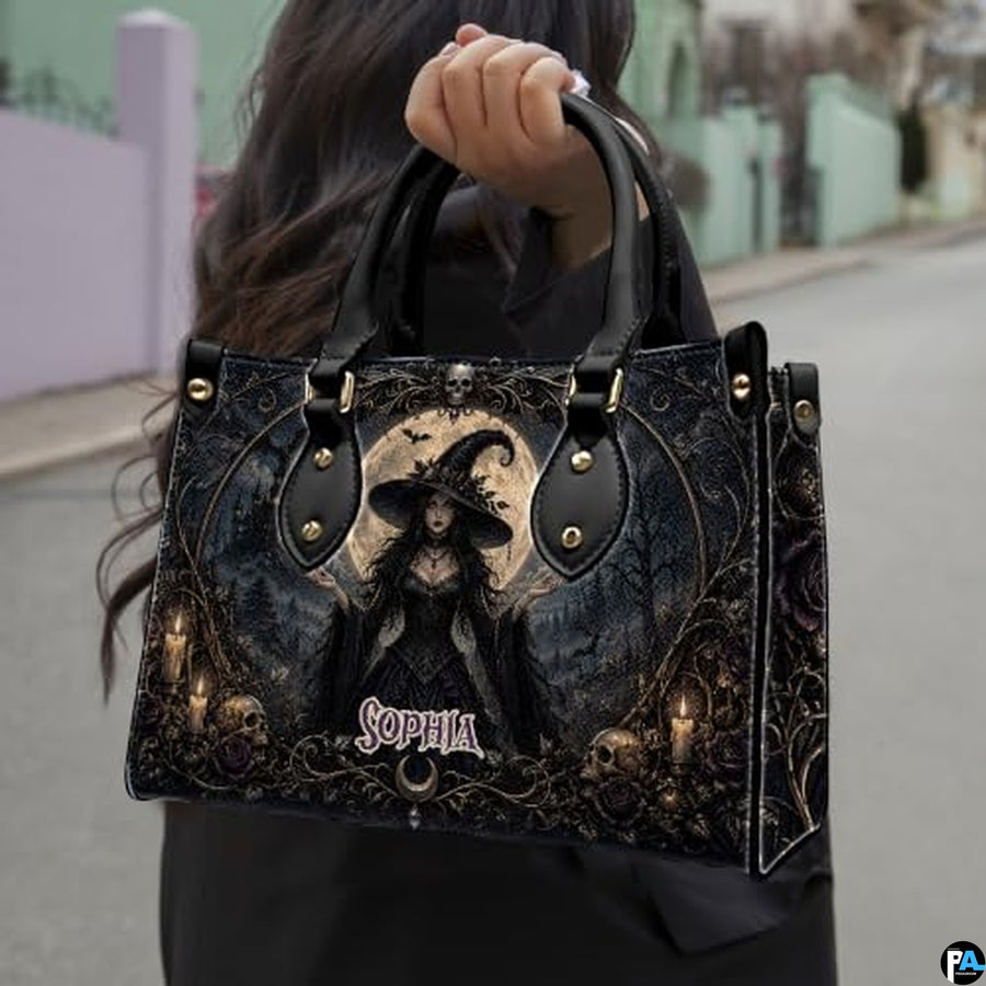 Personalized Witch Handbag with Purse, Custom Name Gothic Leather Bag Set for Women, Halloween Shoulder Bag, Witch Gift