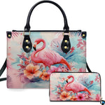 Tropical hibiscus flamingo handbag and matching wallet set with blooming flora and palm leaves.