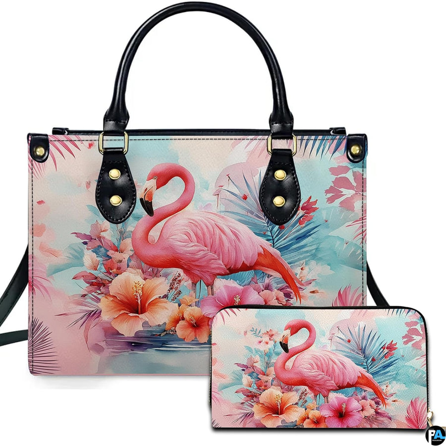 Tropical hibiscus flamingo handbag and matching wallet set with blooming flora and palm leaves.
