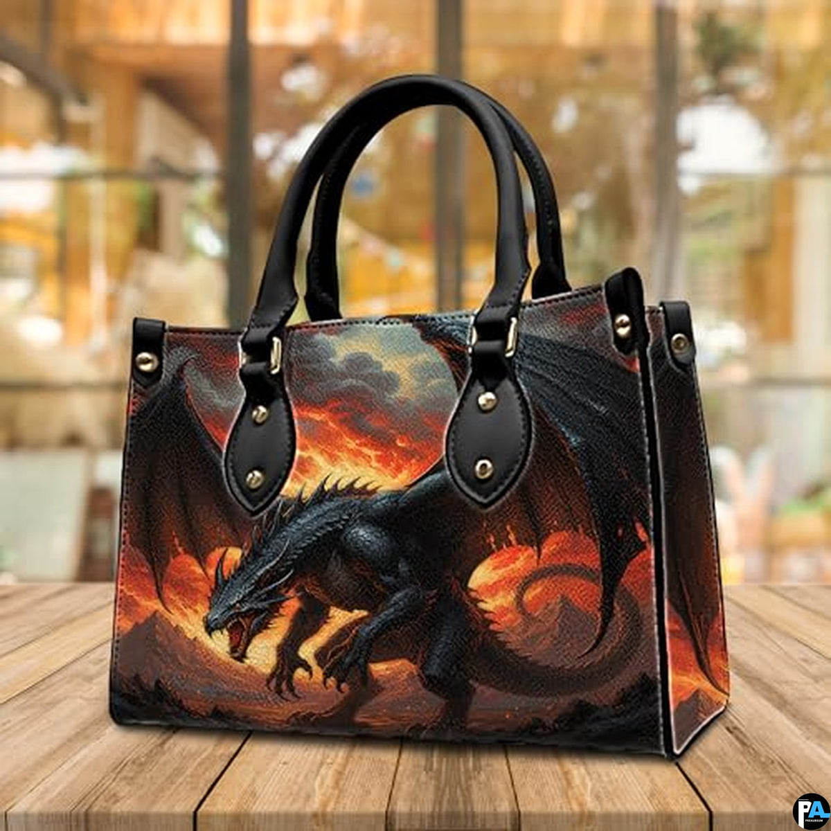 Personalized Black Dragon with Fiery Background Shoulder Bag