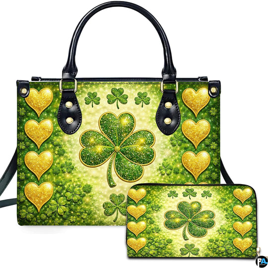 Gold heart clover handbag and matching wallet with green sparkle artwork
