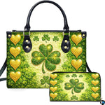 Gold heart clover handbag and matching wallet with green sparkle artwork
