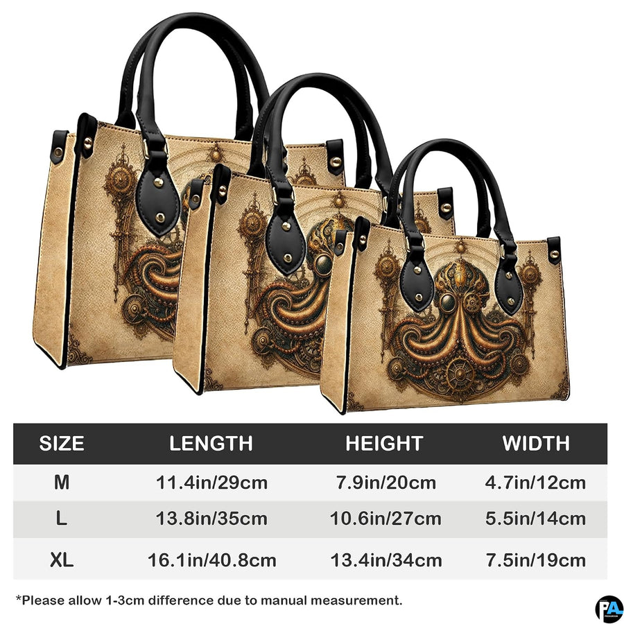 Side profile of mechanical octopus handbag showing parchment tones and clean seams