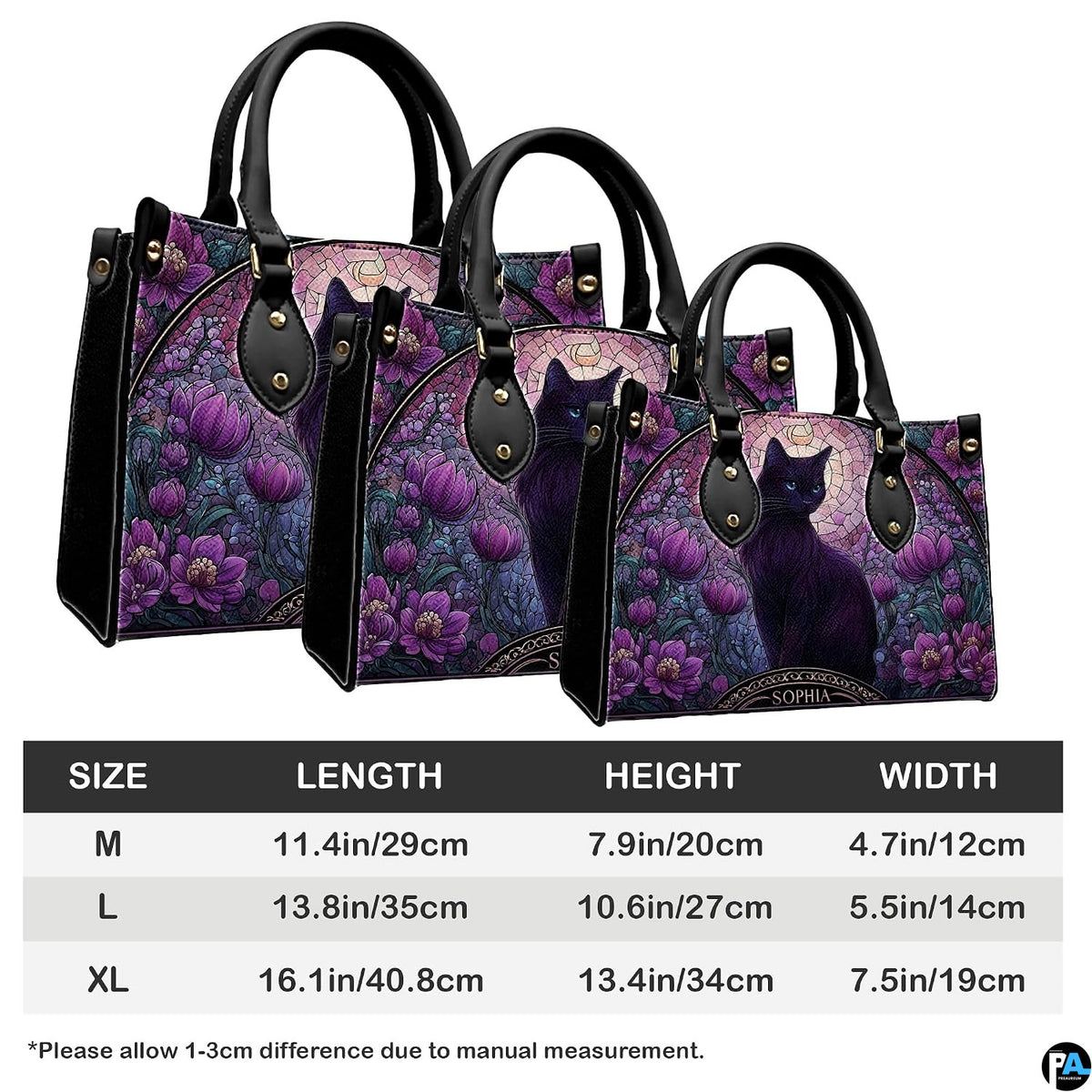 Dimension overview graphic presenting medium, large, and extra-large options with black cat art.
