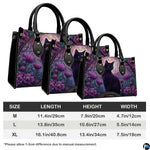 Dimension overview graphic presenting medium, large, and extra-large options with black cat art.