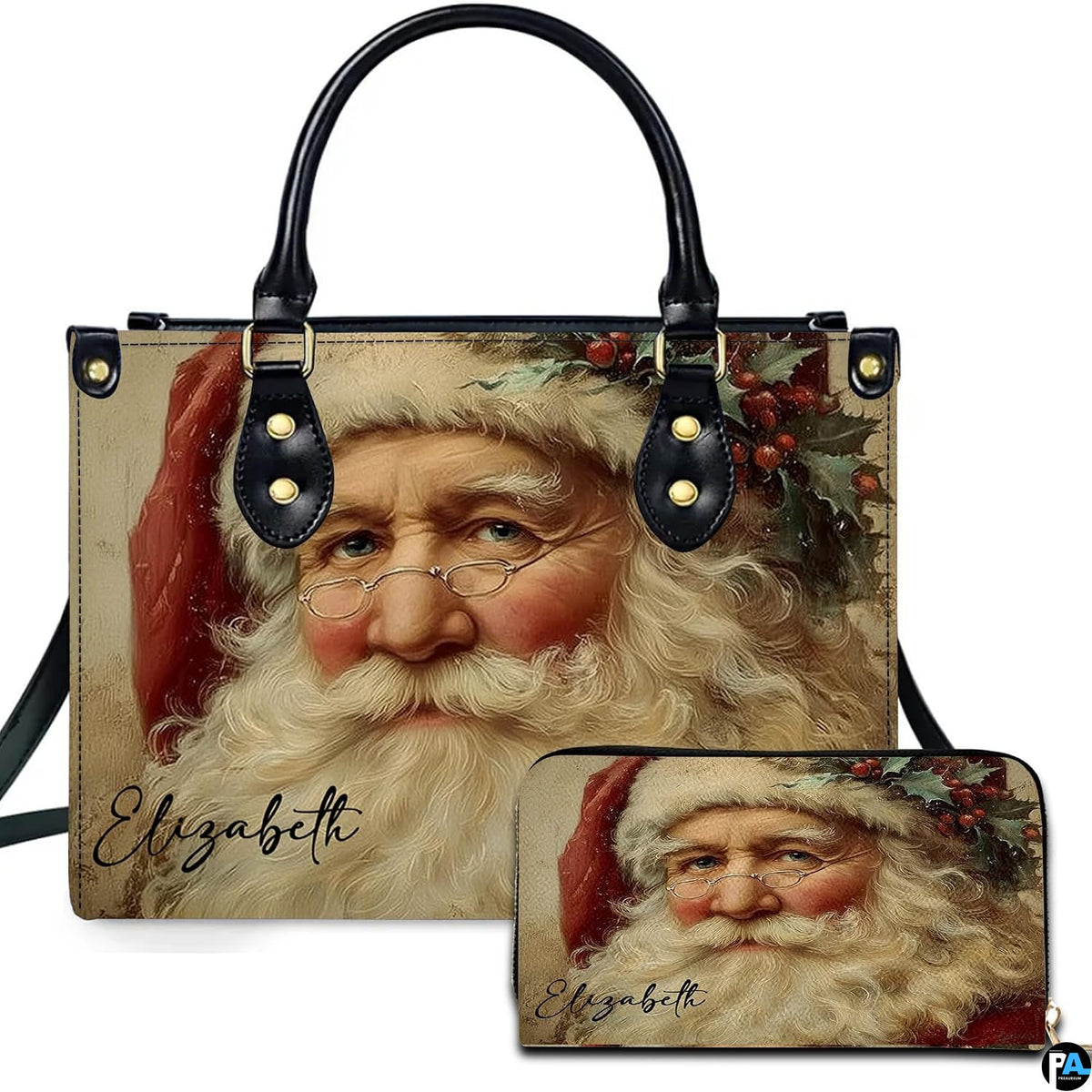 Vintage Santa Claus face handbag and matching wallet set featuring an expressive holiday portrait.