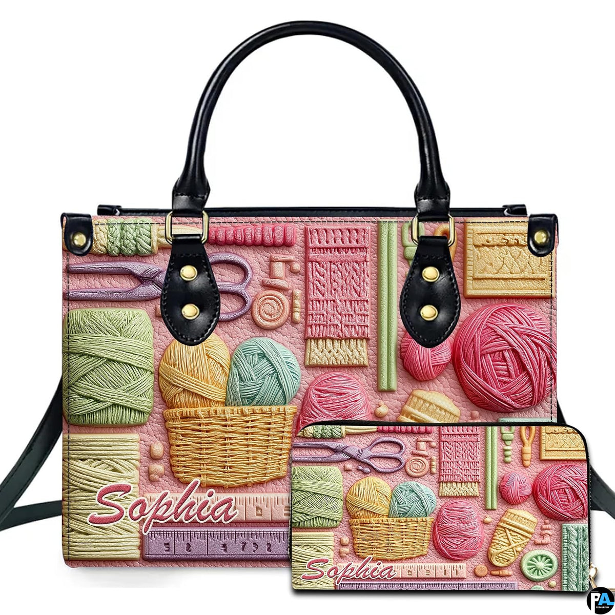 Studio presentation of needlecraft art beside matching rectangular companion accessory.