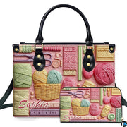 Studio presentation of needlecraft art beside matching rectangular companion accessory.
