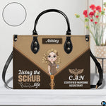 Chibi nursing assistant handbag displayed indoors alongside floral vase with circular texture swatch.
