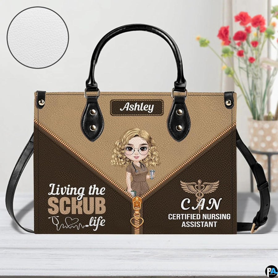 Chibi nursing assistant handbag displayed indoors alongside floral vase with circular texture swatch.