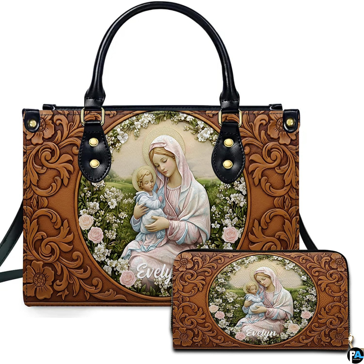 Front view of tooled floral Madonna handbag and matching wallet set with central oval portrait