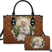 Front view of tooled floral Madonna handbag and matching wallet set with central oval portrait