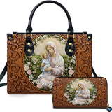 Tooled Floral Madonna and Child Handbag and Matching Wallet Set