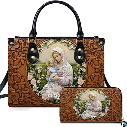 Front view of tooled floral Madonna handbag and matching wallet set with central oval portrait