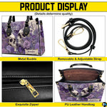 Gothic lavender rose skull handbag displayed alone on white background.