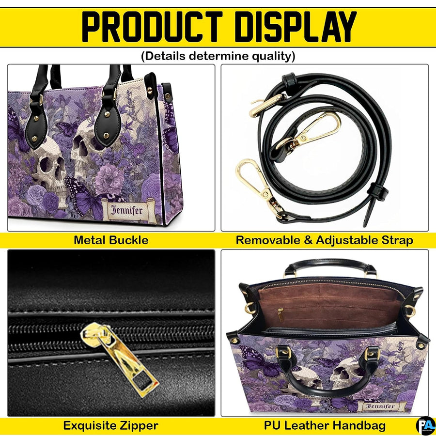 Gothic lavender rose skull handbag displayed alone on white background.