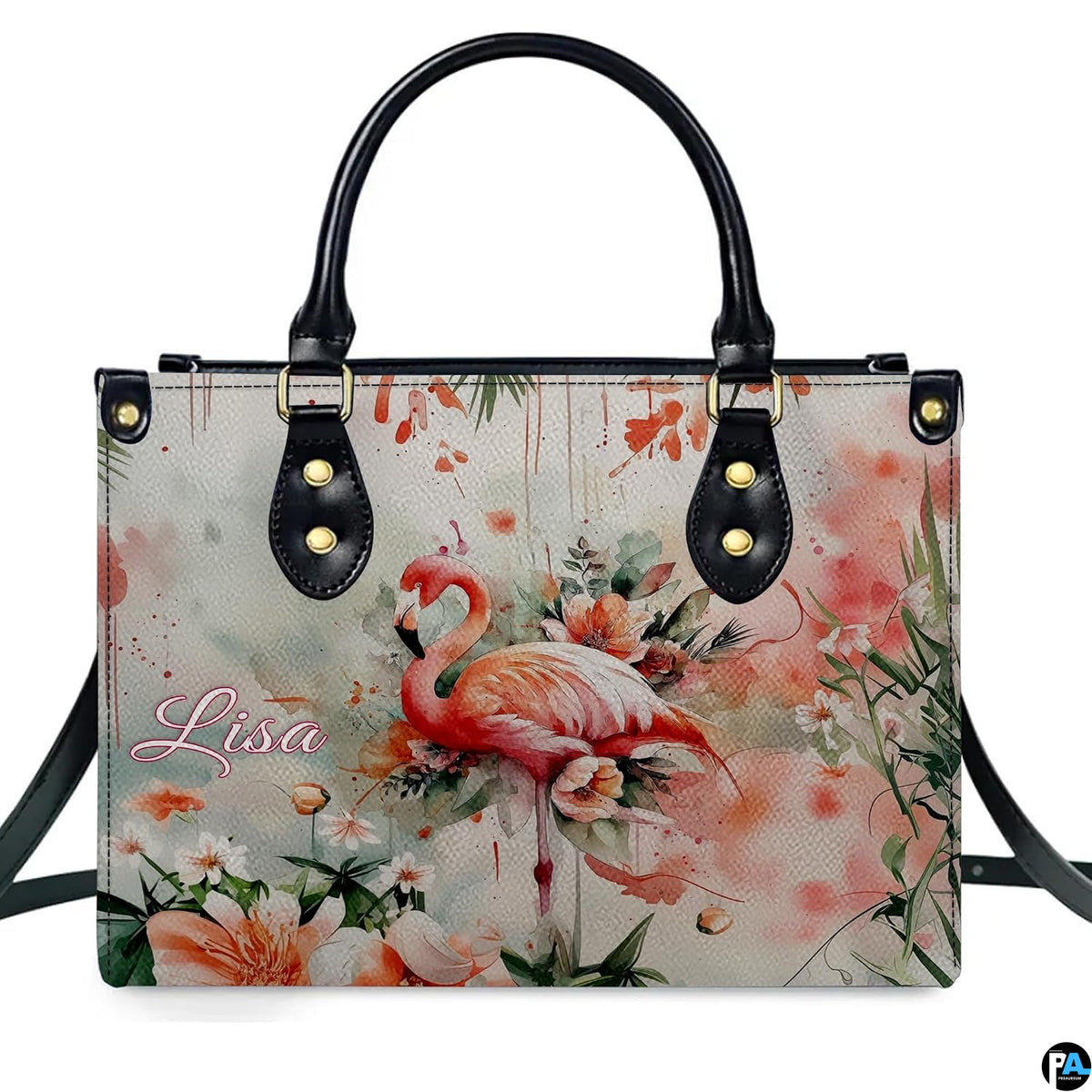 Angled display highlighting the delicate watercolor flamingo and botanical petals.
